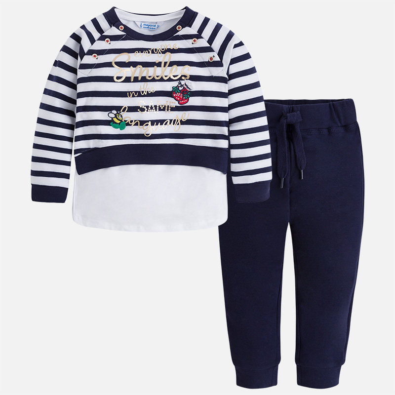 Chándal tres piezas con apliques para niña Marino