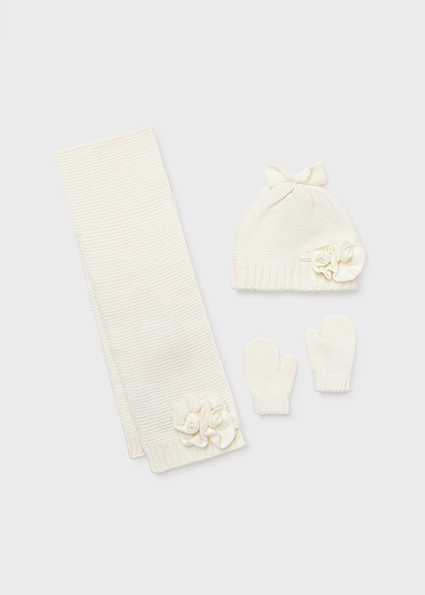 Flower Hat Scarf And Mittens Set For Baby Girl Off White Mayoral