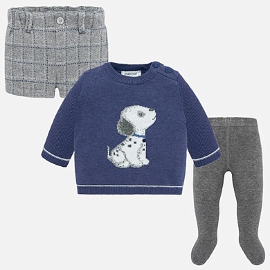 Shorts, tights and dog jumper set for newborn boy