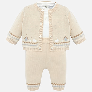 Cardigan, t-shirt and trousers with braces set for newborn boy