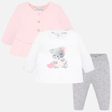 Trousers, jacket and kitten t-shirt set for newborn girl