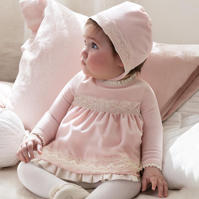 Velvet Dress With Bonnet For Baby Girl Pink Mayoral