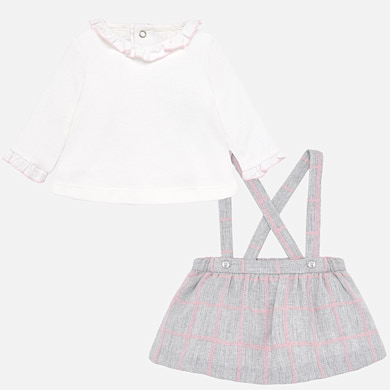 Checked dungaree skirt and t-shirt set for newborn girl