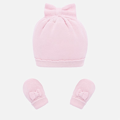 Bow hat and mittens set for newborn girl