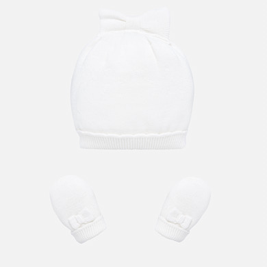 Bow hat and mittens set for newborn girl