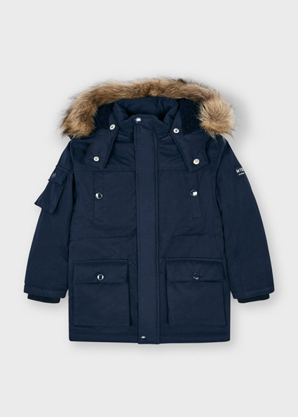 blue parka with fur hood