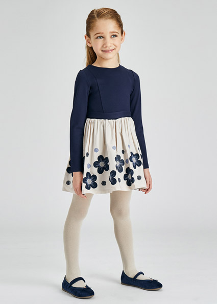 navy dress with embroidered flowers