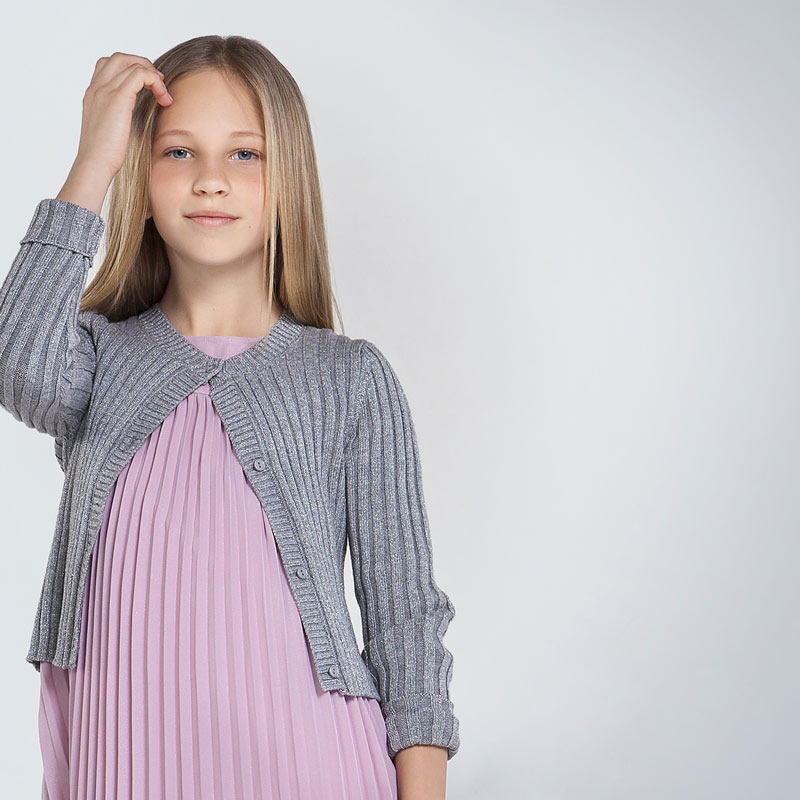 Ribbed knit cardigan for girl Steel | Mayoral Ribbed knit cardigan for girl Steel | Mayoral