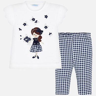 Set Tricou Si Pantaloni Trei Sferturi Vichy Fetita Navy Blue Mayoral