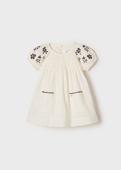 Sukienka z haftowanymi rękawami dla niemowlęcia dziewczynki Ecru